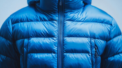 Close-up of a men's blue winter down jacket: quilted pattern and zip details. Winter fashion, outerwear store, online stores. Selective focus.