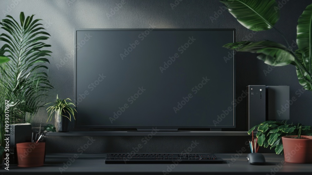 Poster dark modern home office setup with large screen