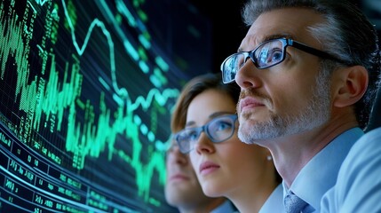 Corporate Team Analyzing Financial Data on Digital Screens