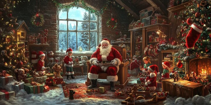 Santa Claus and his elves working in a cozy North Pole workshop surrounded by toys and Christmas decorations