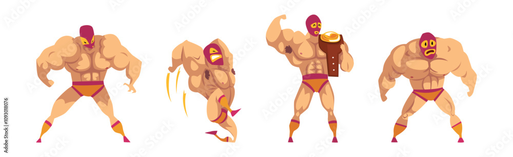 Poster muscular man wrestler in different pose and action vector set