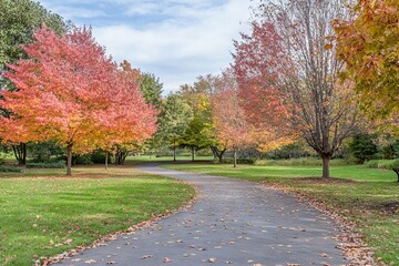 Fototapeta premium Red Maple Trees in Autumn with Fallen Leaves and Vibrant Foliage. AI generated illustration