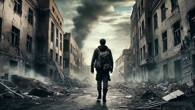 Man in tattered clothes walks through ruins