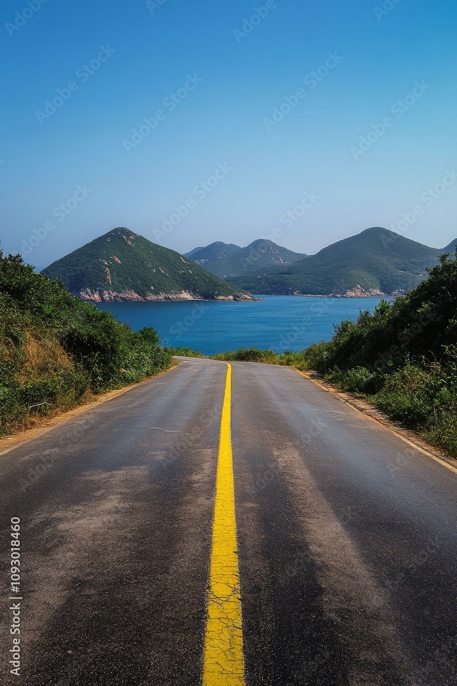 Poster Scenic road leading to vibrant blue lake surrounded by mountains in daytime