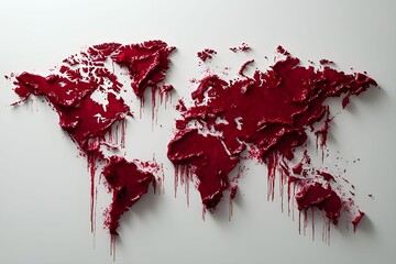 World map sculpture with dripping red paint on wall
