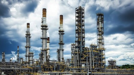 Fototapeta premium Dramatic industrial towers and chimneys releasing steam at an oil refinery facility under a moody stormy cloudy sky Concept of energy production pollution and industrial manufacturing