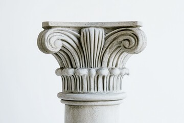 Obraz premium Elegant Ionic Column Capital with Intricate Scroll Details on a White Background, Highlighting Classical Architectural Design and Ancient Greek Style
