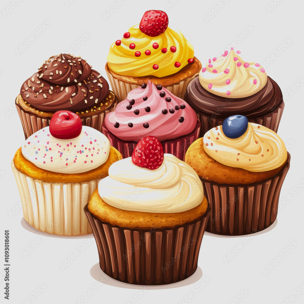 Poster assorted delicious cupcakes with colorful frosting and toppings on a light background, perfect for c