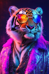 Tiger with disco vibe in glittery purple themed scene