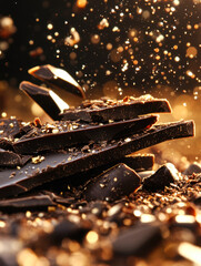 A stack of chocolate bars with strawberries and oranges on top. The chocolate is melting and falling apart