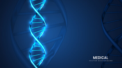 Abstract science or medicine background with DNA stand on it. Close-up double helix in light blue. Biotechnology, biology, and science concepts. Futuristic tech background vector illustration.