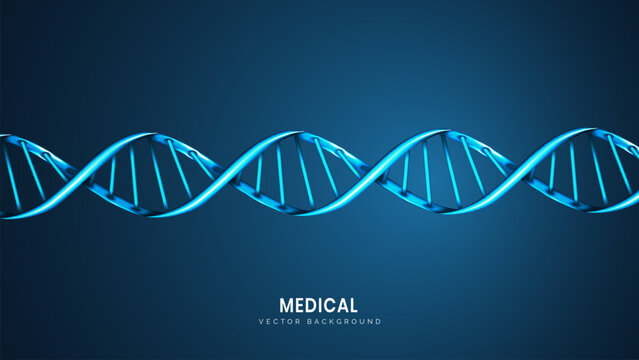Abstract science or medicine background with DNA stand on it. Close-up double helix in light blue. Biotechnology, biology, and science concepts. Futuristic tech background vector illustration.
