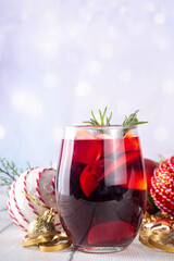 Hot drink cafes menu background, with mulled wine, eggnog and hot chocolate traditional Christmas winter cocktails and beverages, with Christmas New Year festive holiday decorations, copy space