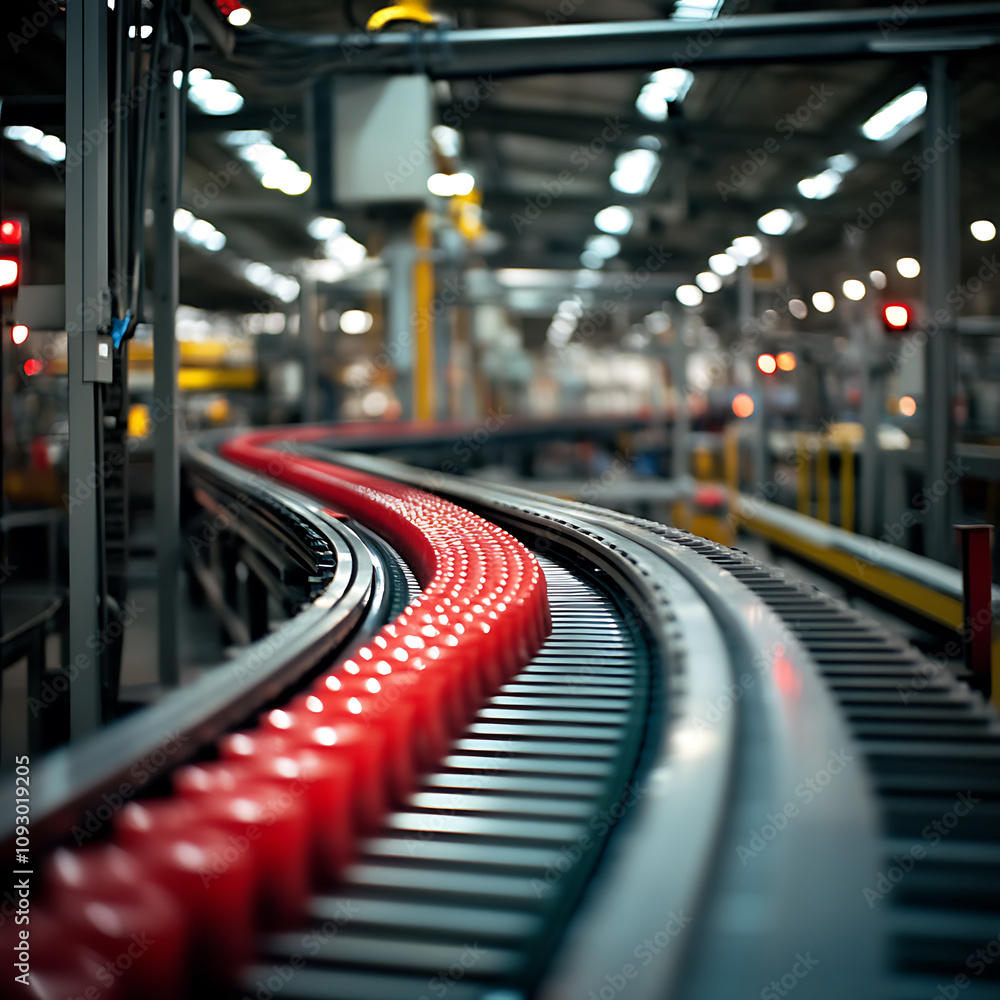Poster conveyor belt transporting raw materials in factory setting, showcasing dynamic flow of red items. i