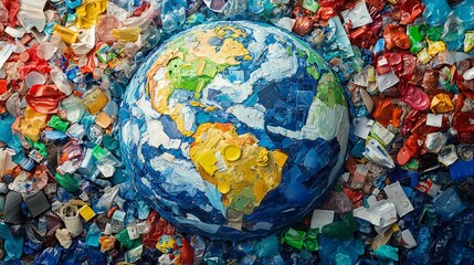 The Earth Made of Colorful Recycled Plastic Pieces, Planet Covered with Trash in Vibrant Colors. AI generated illustration
