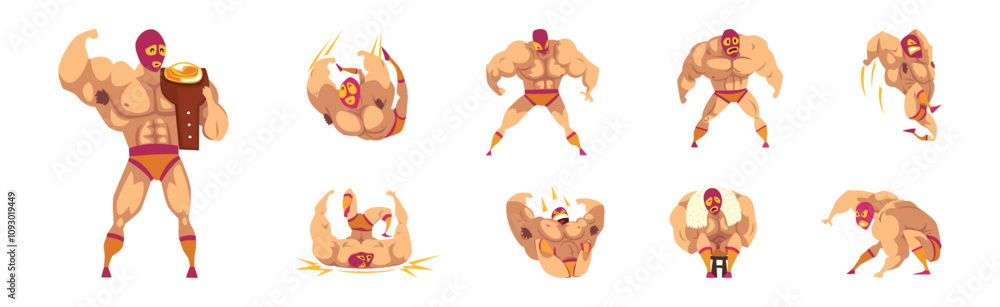 Poster muscular man wrestler in different pose and action vector set