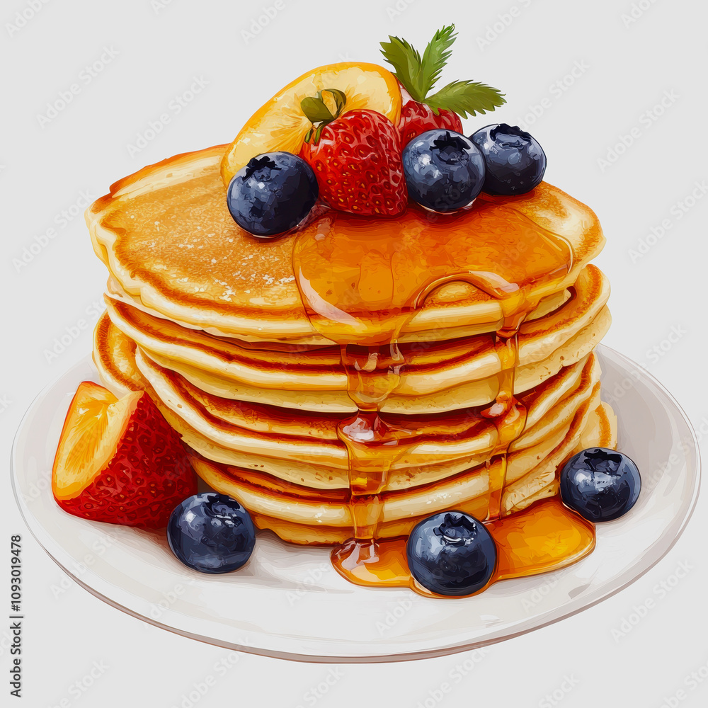 Poster stack of fluffy pancakes drizzled with golden syrup and topped with fresh berries and slices of frui