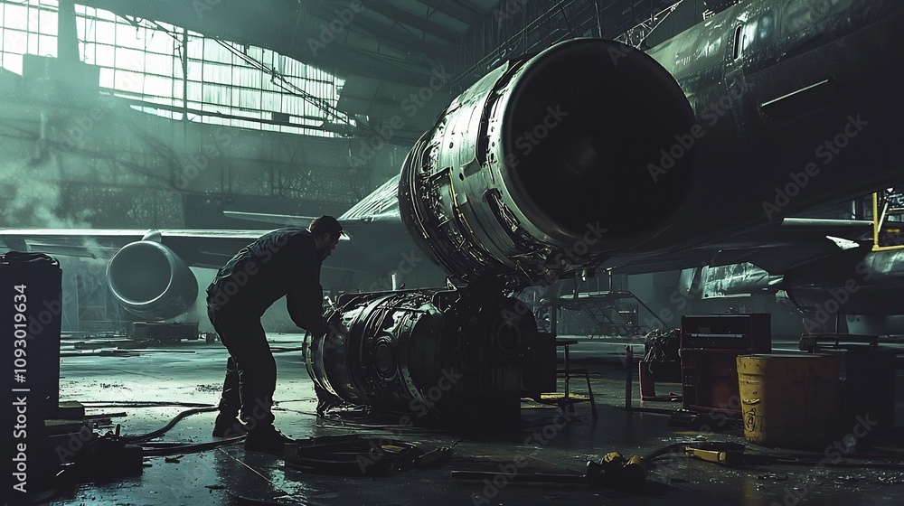 Aufkleber dramatic scene of a mechanic working on a jet engine inside a spacious hangar with an airplane in th
