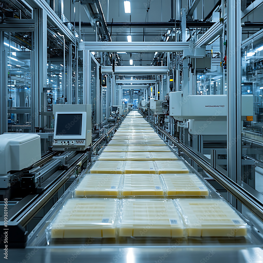 Poster factory floor with machines producing biodegradable products, showcasing streamlined production line