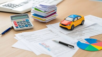 A small scale model of a toy car placed near a stack of insurance documents a calculator and a pen on a wooden office desk highlighting the financial and vehicle ownership concepts