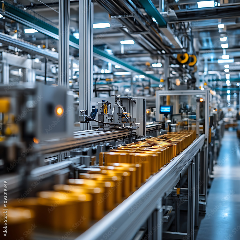 Poster factory floor with machines producing biodegradable products, showcasing efficient production line w