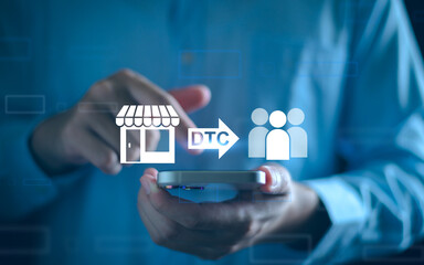 Direct To Consumer concept. Man created own website store, sell products and services directly to...