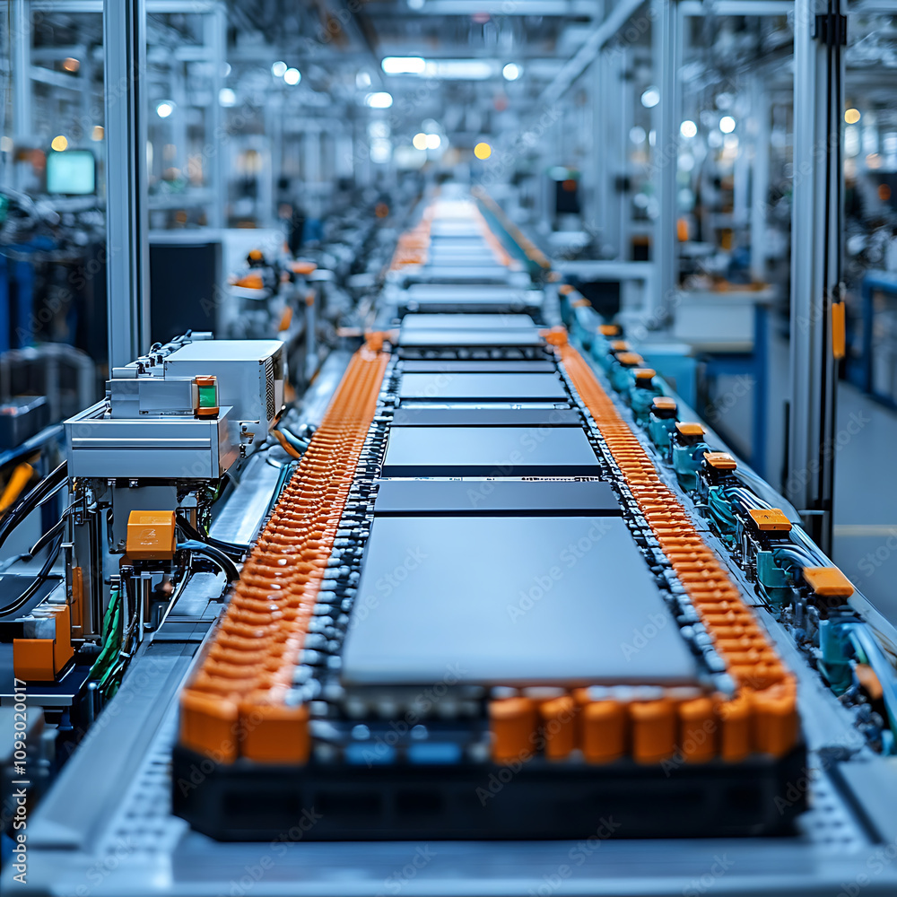 Aufkleber high tech factory producing high performance batteries on assembly line. advanced machinery and orga