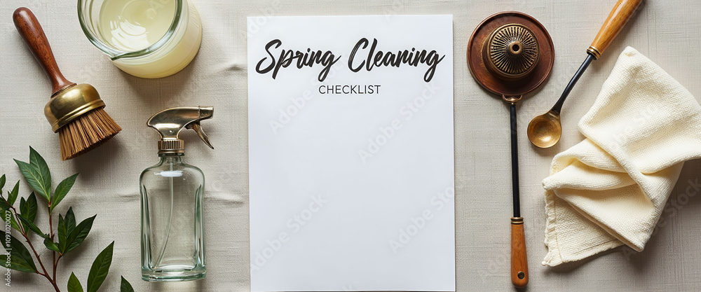Poster a white paper with a spring cleaning checklist written on it. the table is covered with various item