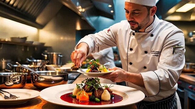 Professional Chef Plating Gourmet Dish in Modern Kitchen

