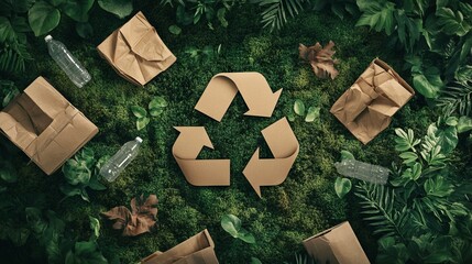 Recycling Symbol Made from Brown Paper Bags, Cardboard Boxes, and Plastic Bottles on Forest Green Grass, Moss, and Leaves. AI generated illustration