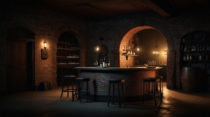 Fototapeta premium Here's a possible and keyword list for the image.. Dark, rustic brick cellar bar with wine racks and arched alcoves.