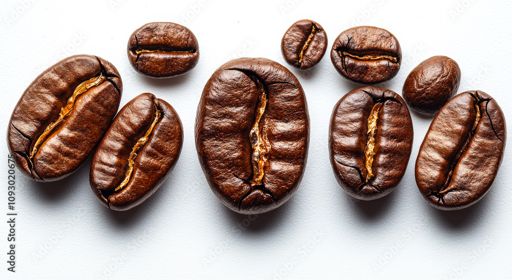 Poster a row of coffee beans with one bean in the middle. the beans are all different sizes and shapes