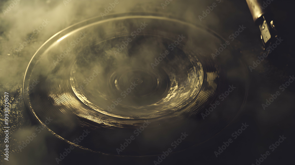 Poster abstract close-up of a dark metallic surface with concentric circles and steam, creating a mysteriou