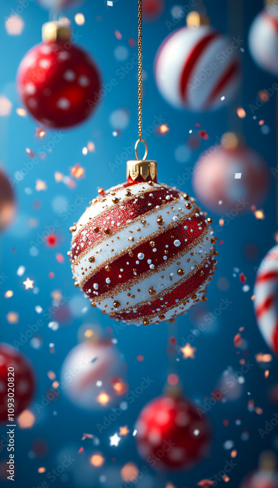Poster a red and white striped ball is hanging from a string. the image is of a christmas scene with many o