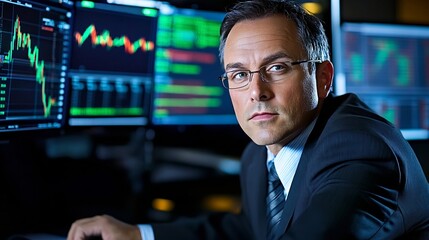Fototapeta premium Focused Corporate Executive Analyzing Financial Report and Market Data on Display