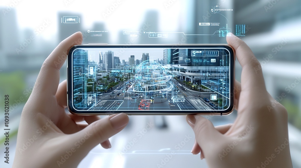 Poster Hands holding a sleek futuristic smartphone with a gleaming metallic accent displaying an augmented reality overlay with transaction data and contactless payment capabilities