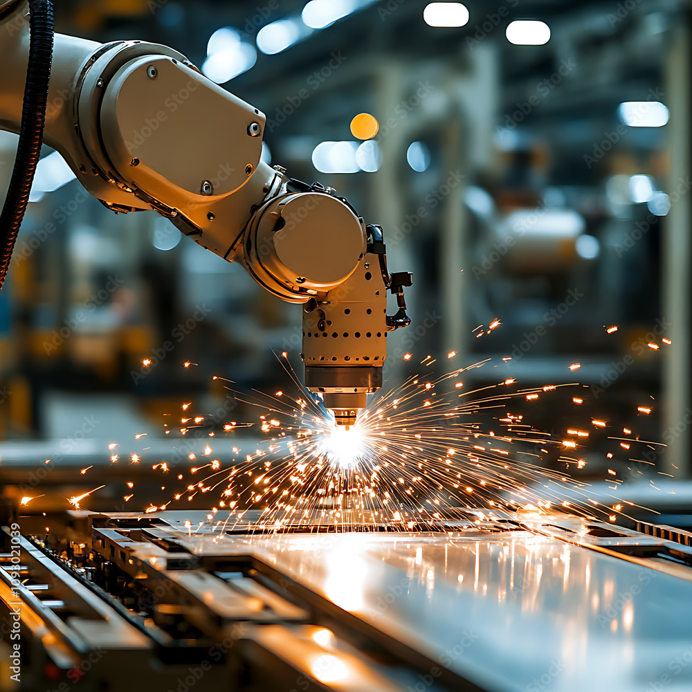 Poster robotic arm welding metal parts in industrial setting, creating sparks. automation enhances efficien
