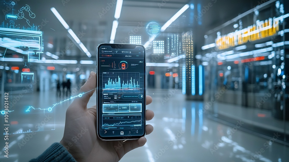 Poster Smartphone in hand featuring biometric security features virtual wallet interface