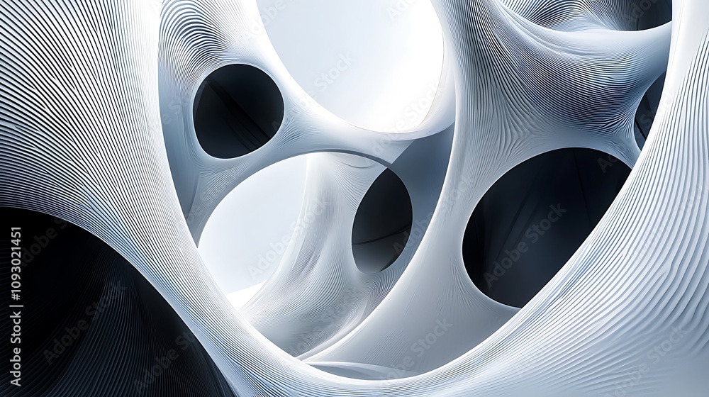 Poster an abstract, flowing design with smooth curves, featuring circular voids and intricate, wavy pattern