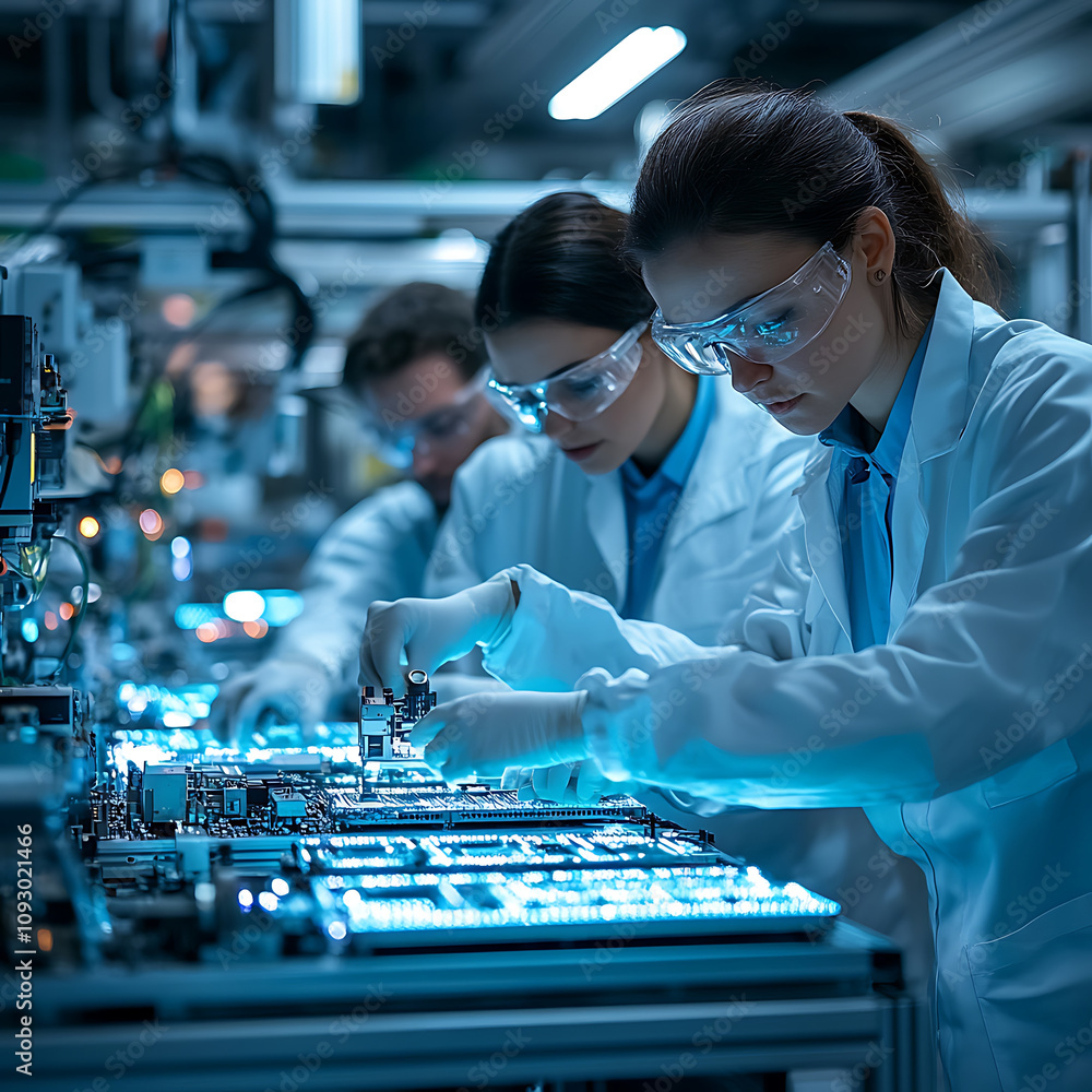 Poster team of engineers in lab coats working on electronic components in high tech production facility, sh