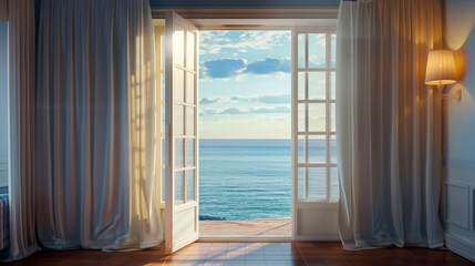 Fototapeta premium Room open door to the sea beach at sunset. Summer holiday vacation travel.