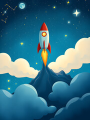 A rocket blasting off into a sky filled with constellations and shooting stars illustration. Generative AI