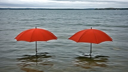 Two red umbrellas stand in shallow water, creating a striking contrast against a cloudy sky and calm lake, evoking a serene atmosphere.