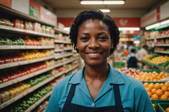 Close portrait of a smiling 40s Sao Tomean female grocer standing and looking at the camera, Sao Tomean grocery store blurred background