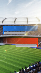 Fototapeta premium Wide-angle image of empty stadium with large, blue and red scoreboard. 3D render of arena packed with fans. Vertical image. Concept of sport, game, tournament, international match, event