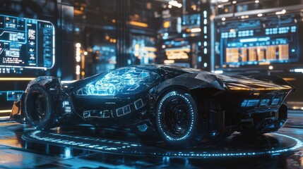 Obraz premium A holographic car model projected in mid-air by a cutting-edge interface, surrounded by futuristic control panels and glowing graphs, cyberpunk-inspired design 