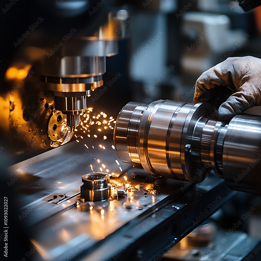 Poster worker operating lathe machine shapes metal part, creating sparks. scene captures precision and skil
