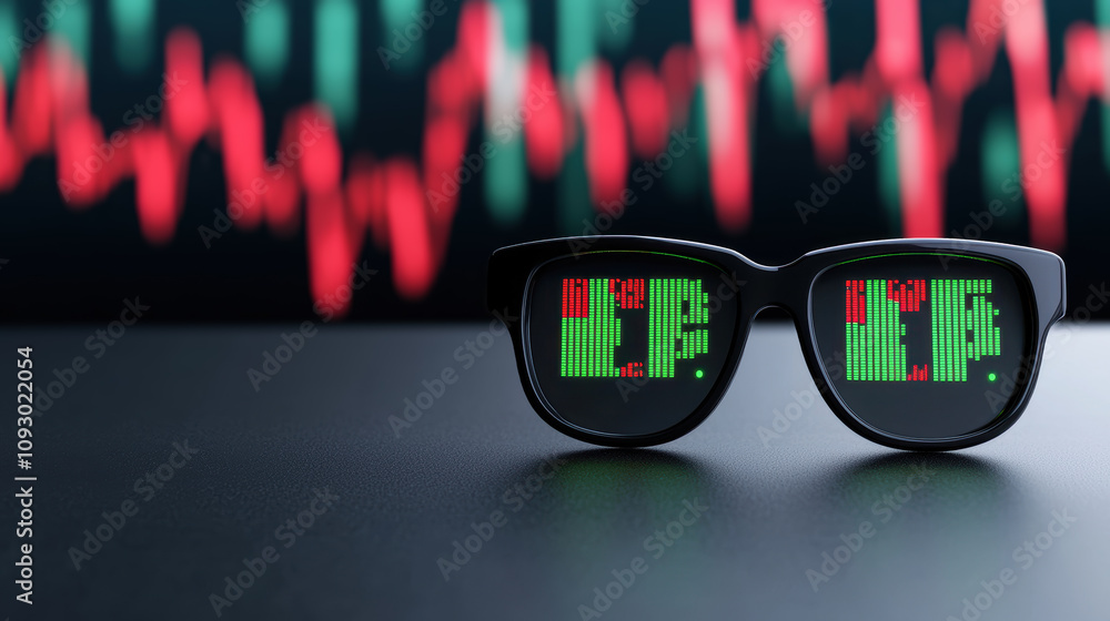 Poster market value in the stocks marketplace concept. stylish glasses displaying stock market data with a 
