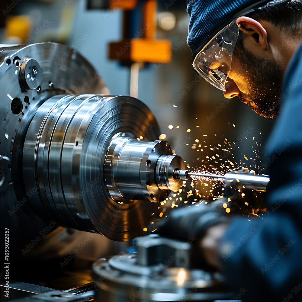 Poster worker operating lathe machine, shaping metal part with precision, sparks flying, showcasing craftsm
