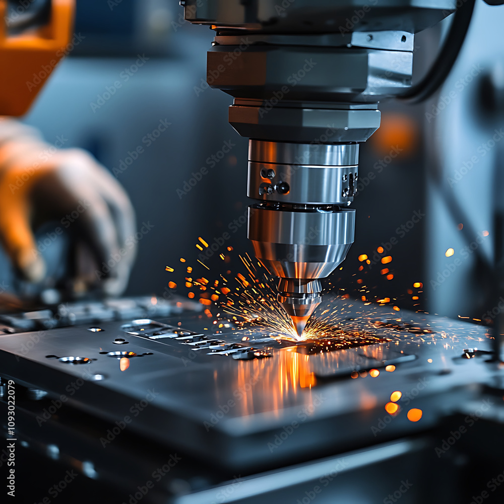 Poster worker operating cnc machine to cut metal, sparks flying. precision and technology involved in metal